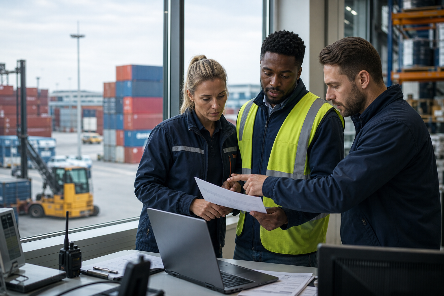 Logistics operations team in a modern warehouse