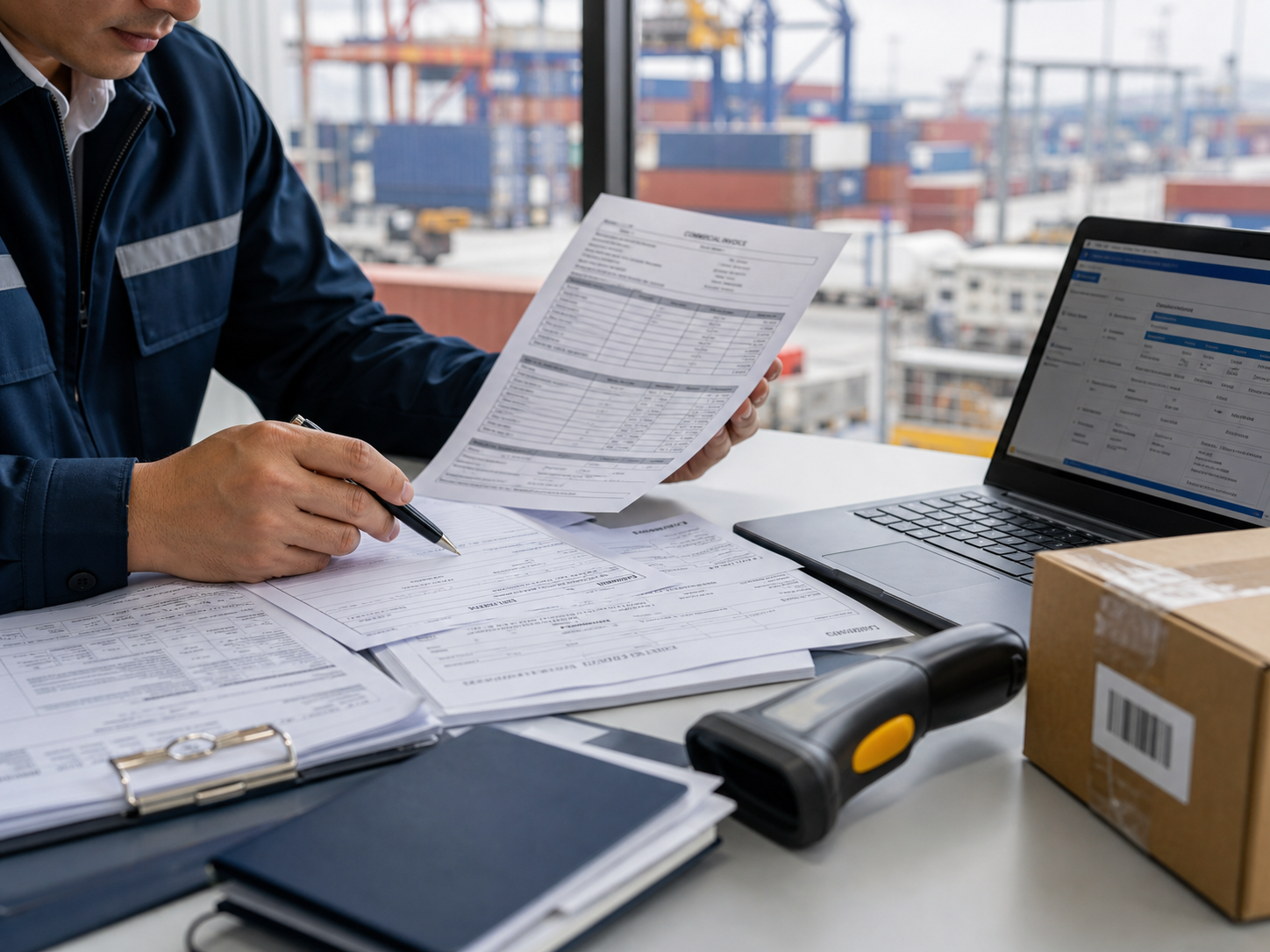 Customs professional reviewing commercial shipment documents