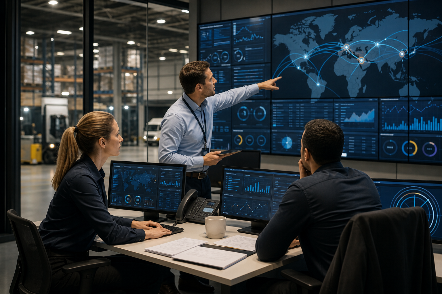 Logistics control-room team coordinating international shipments